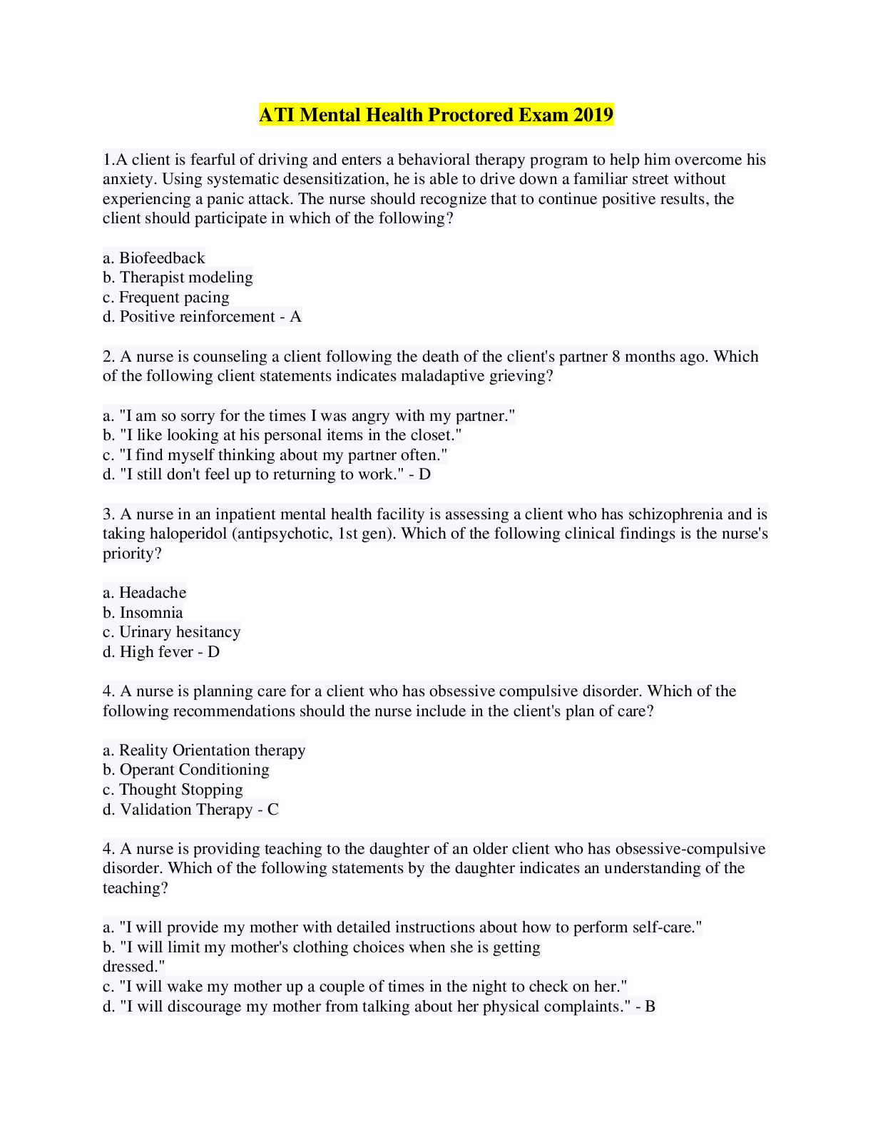 Preview image for ATI Mental Health Proctored Exam 2019